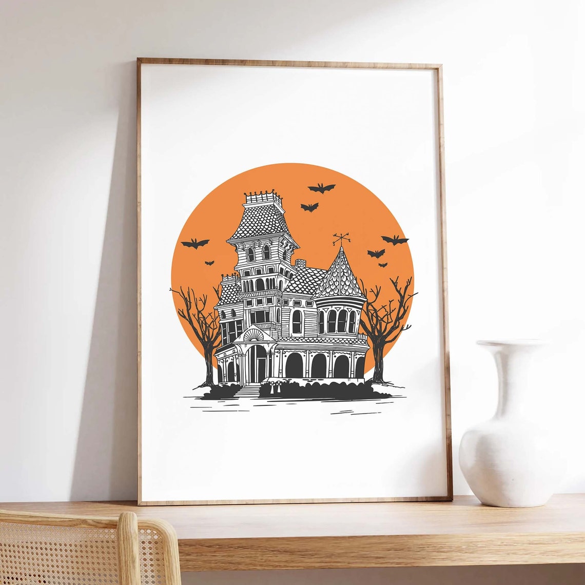 Victorian Haunted House Orange Moon Bats Halloween Decor Poster