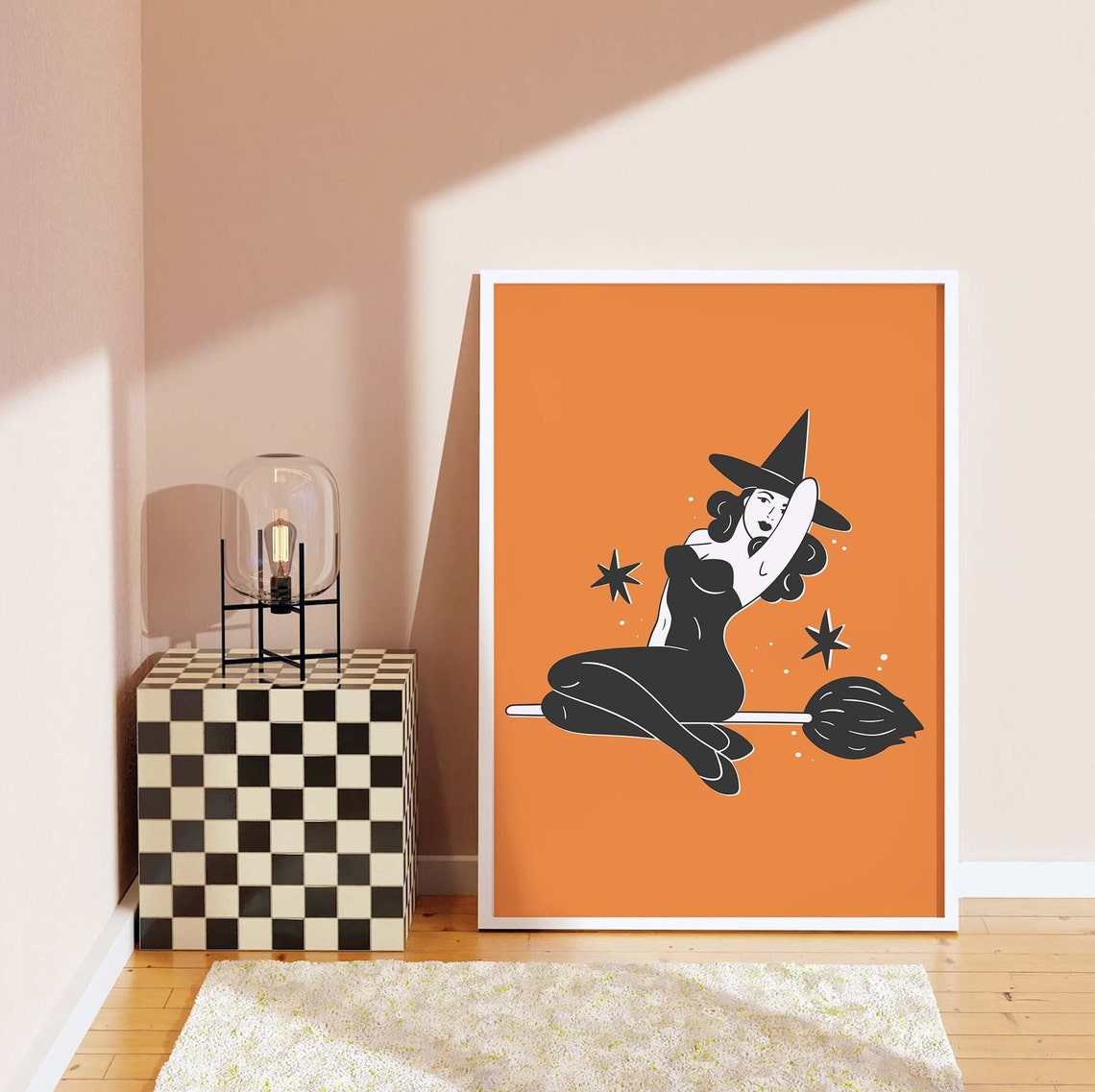Pin Up Witch Riding Broom Orange Cute Retro Halloween Art Poster - Image 3