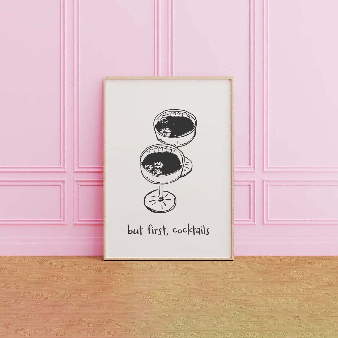 But First Cocktails Handwritten Coupe Glass Sketch Bar Cart Poster - Image 4