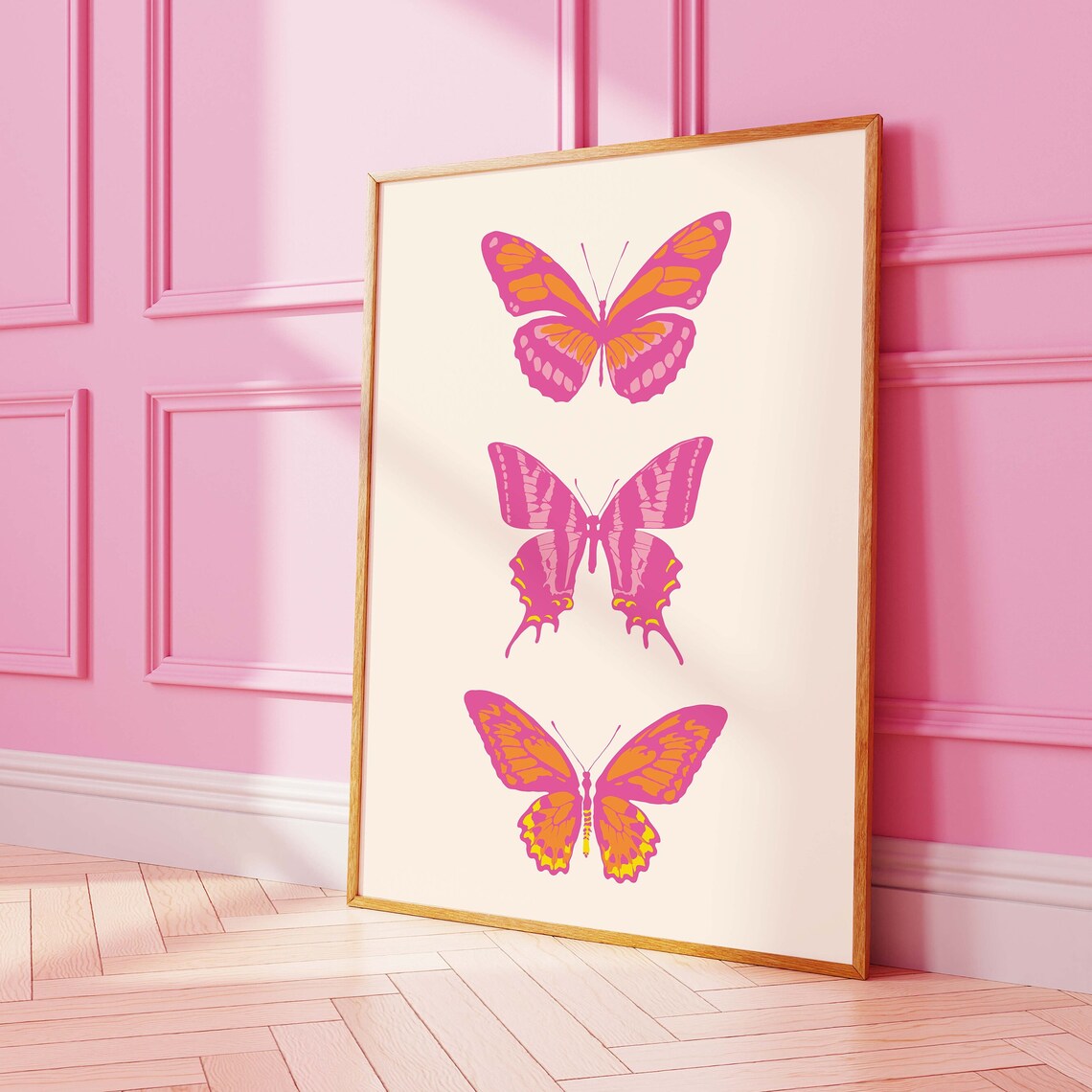 Three Pink Orange Butterflies Vintage Trendy Retro Pop Art Poster