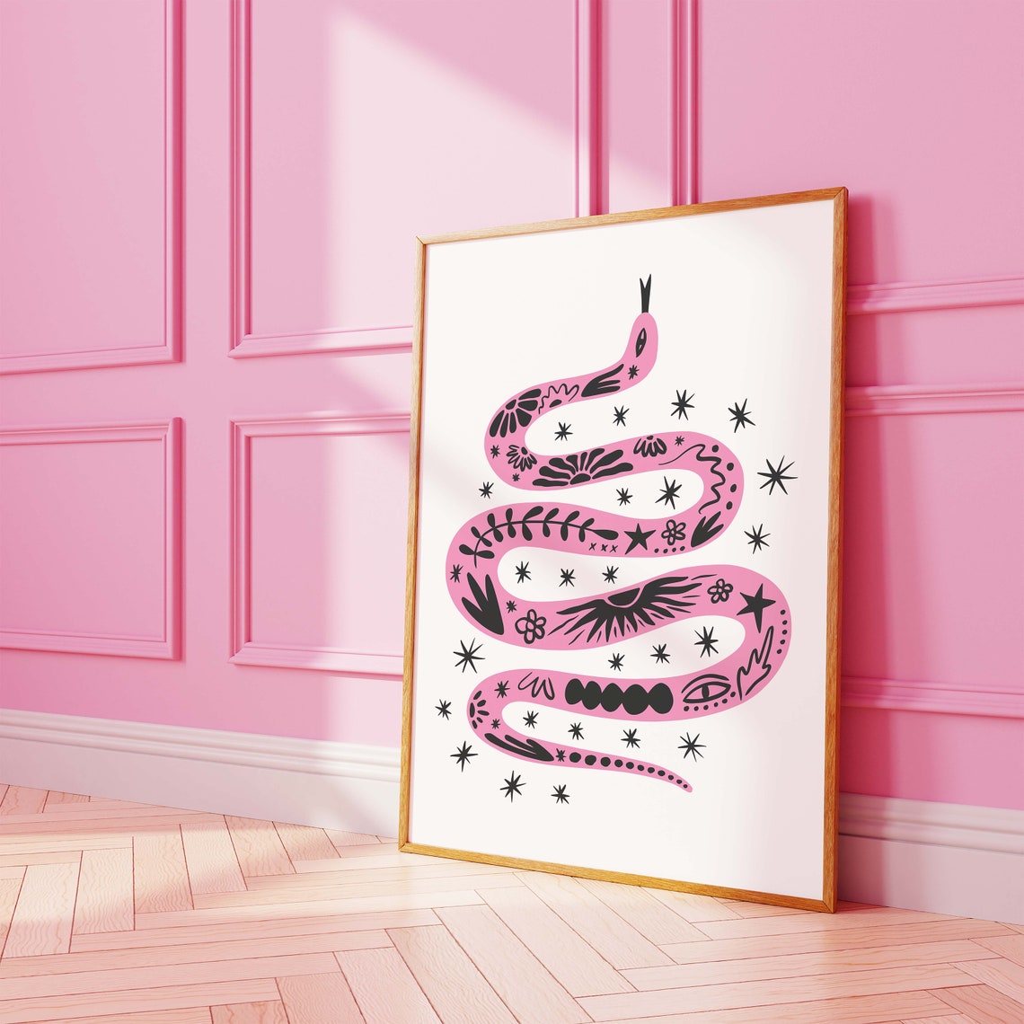 Boho Tattoo Snake Pink Illustration Starry Floral Art Poster - Image 4