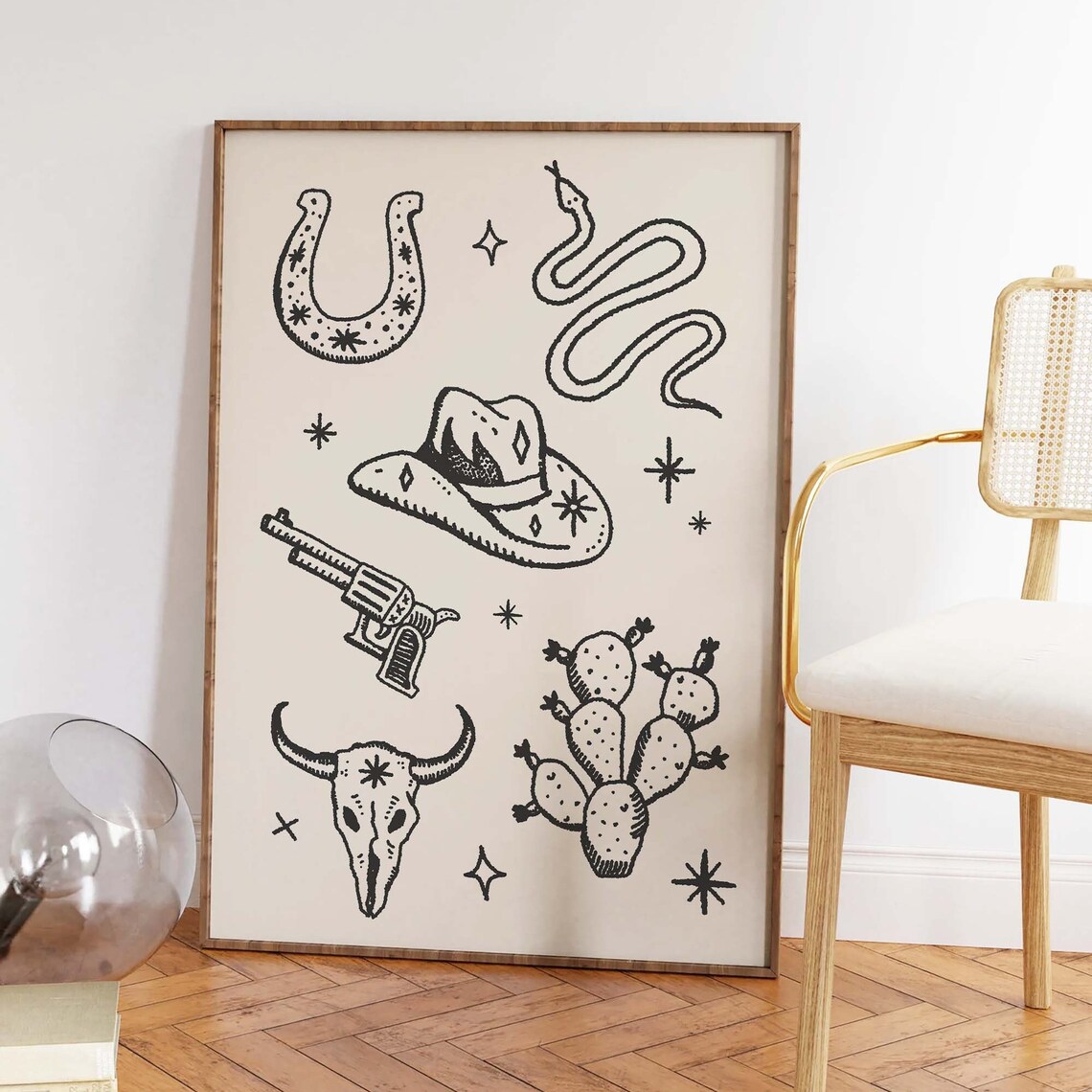 Black Western Icons Cowboy Doodle Horseshoe Hat Bull Skull Wall Print - Image 2