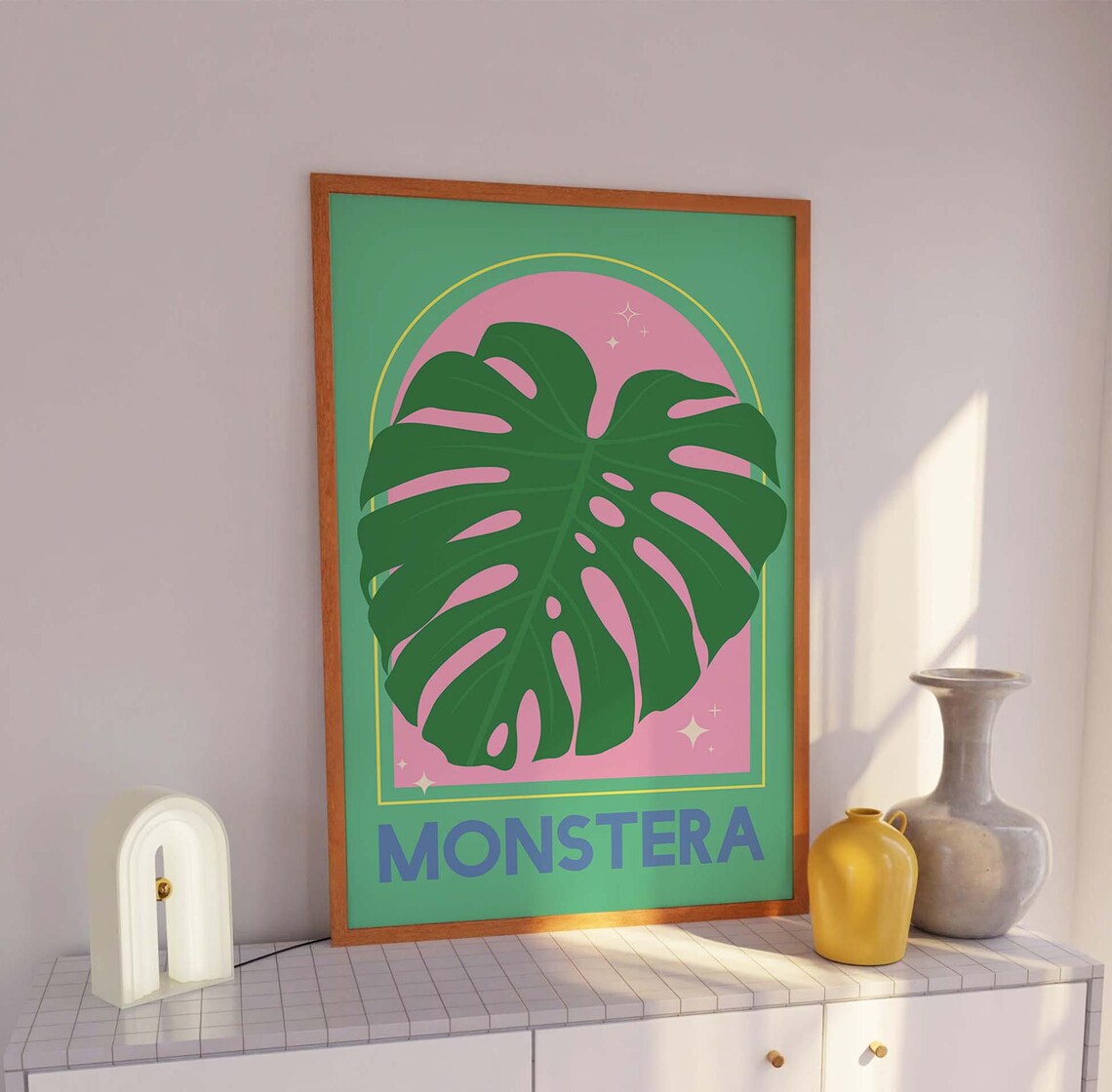 Monstera Leaf Botanical Green Pink Bold Modern Illustration Poster - Image 3