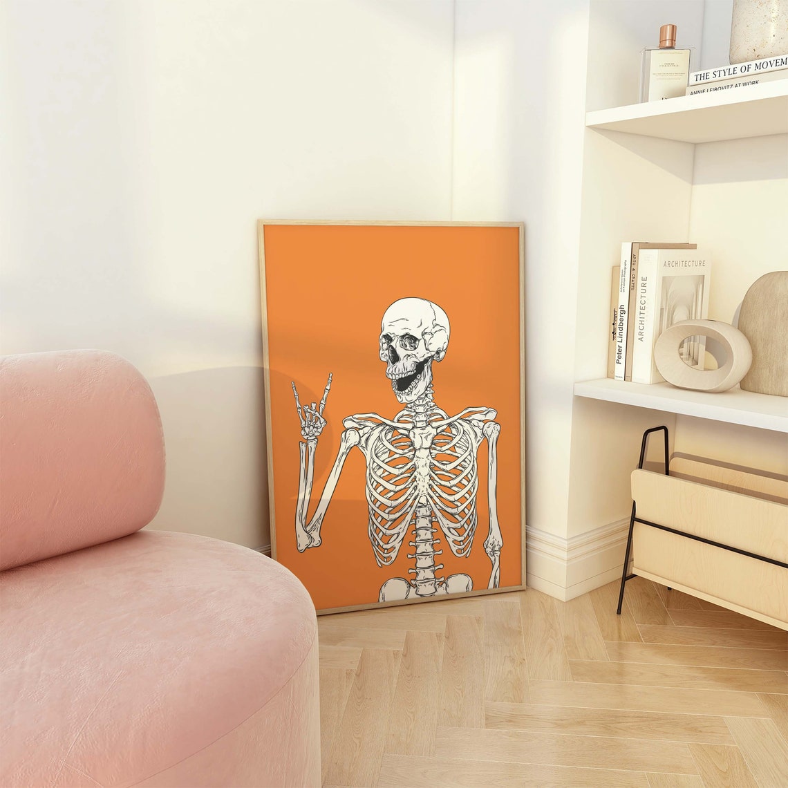 Skeleton Print Art Cute Orange Halloween Wall Decor Trendy Halloween Wall Art Spooky Season Poster - Image 7