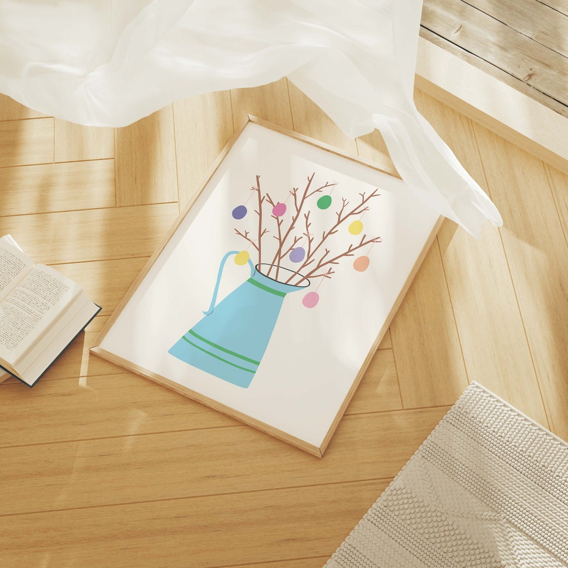 Easter Tree Blue Pitcher Hanging Eggs Spring Holiday Kids Poster - Image 4