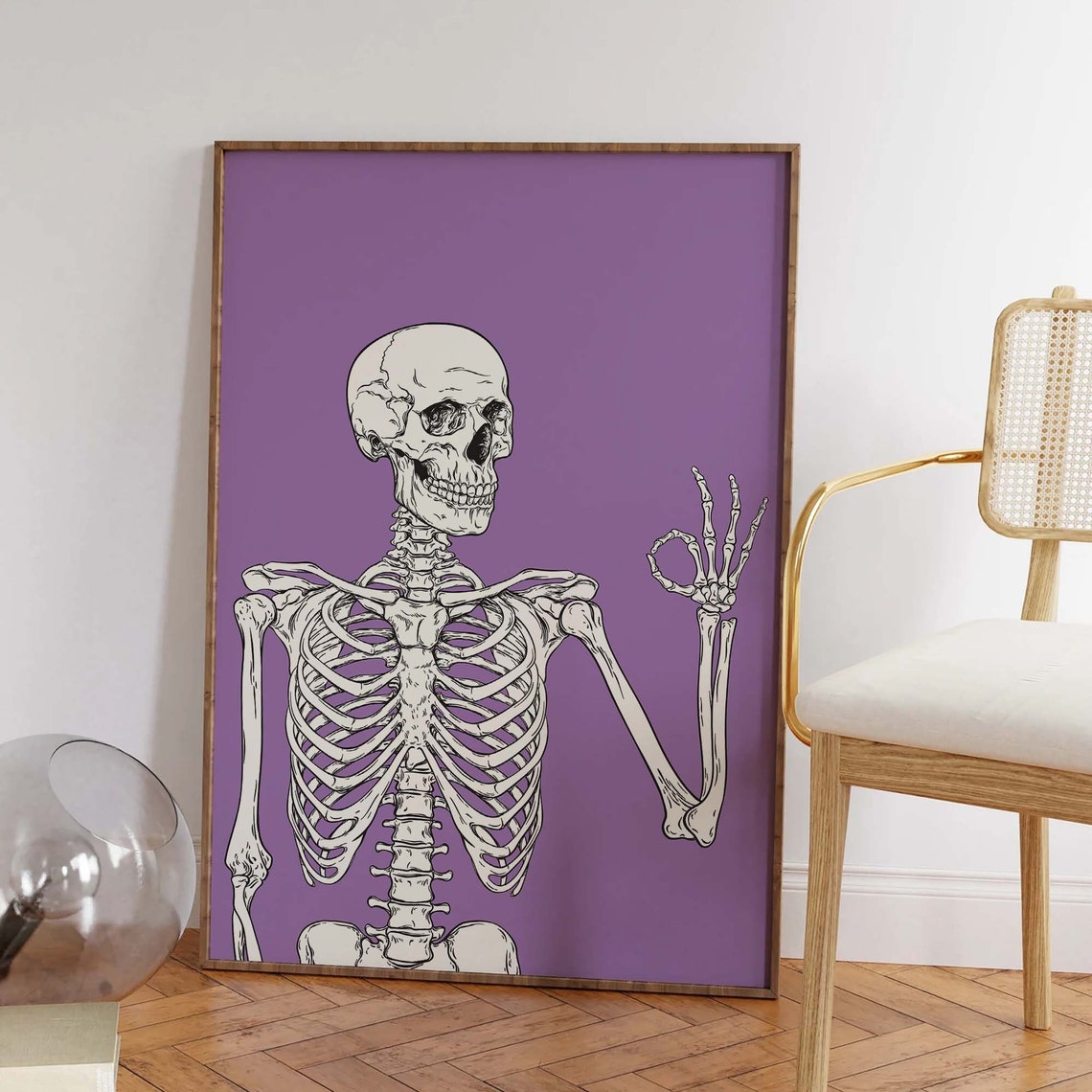 OK Hand Skeleton Purple Halloween Funny Bones Party Art Poster