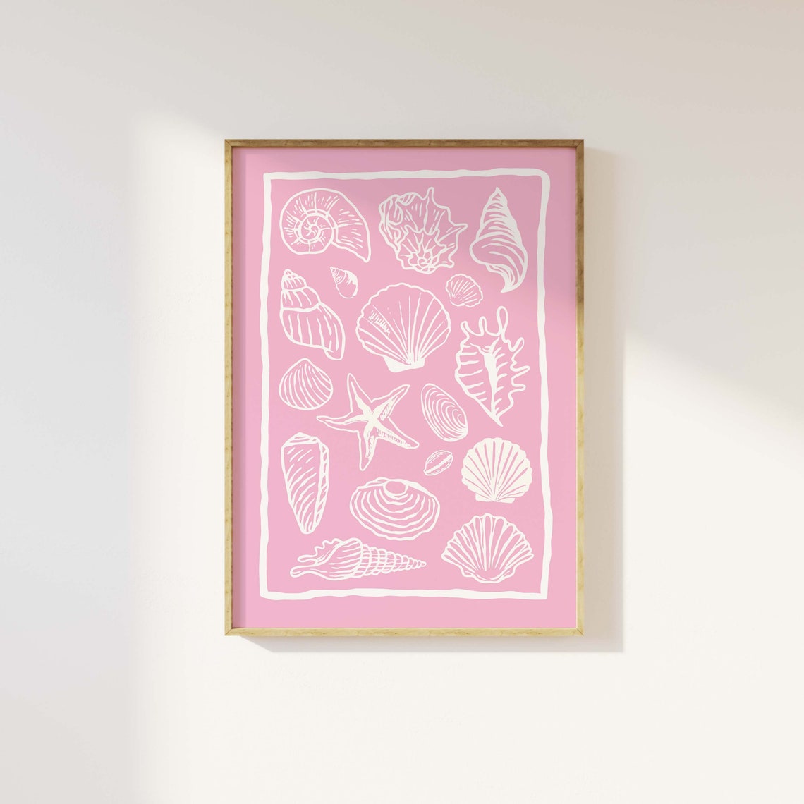 Pink Seashell Collage White Line Art Starfish Beach Decor Poster - Image 2