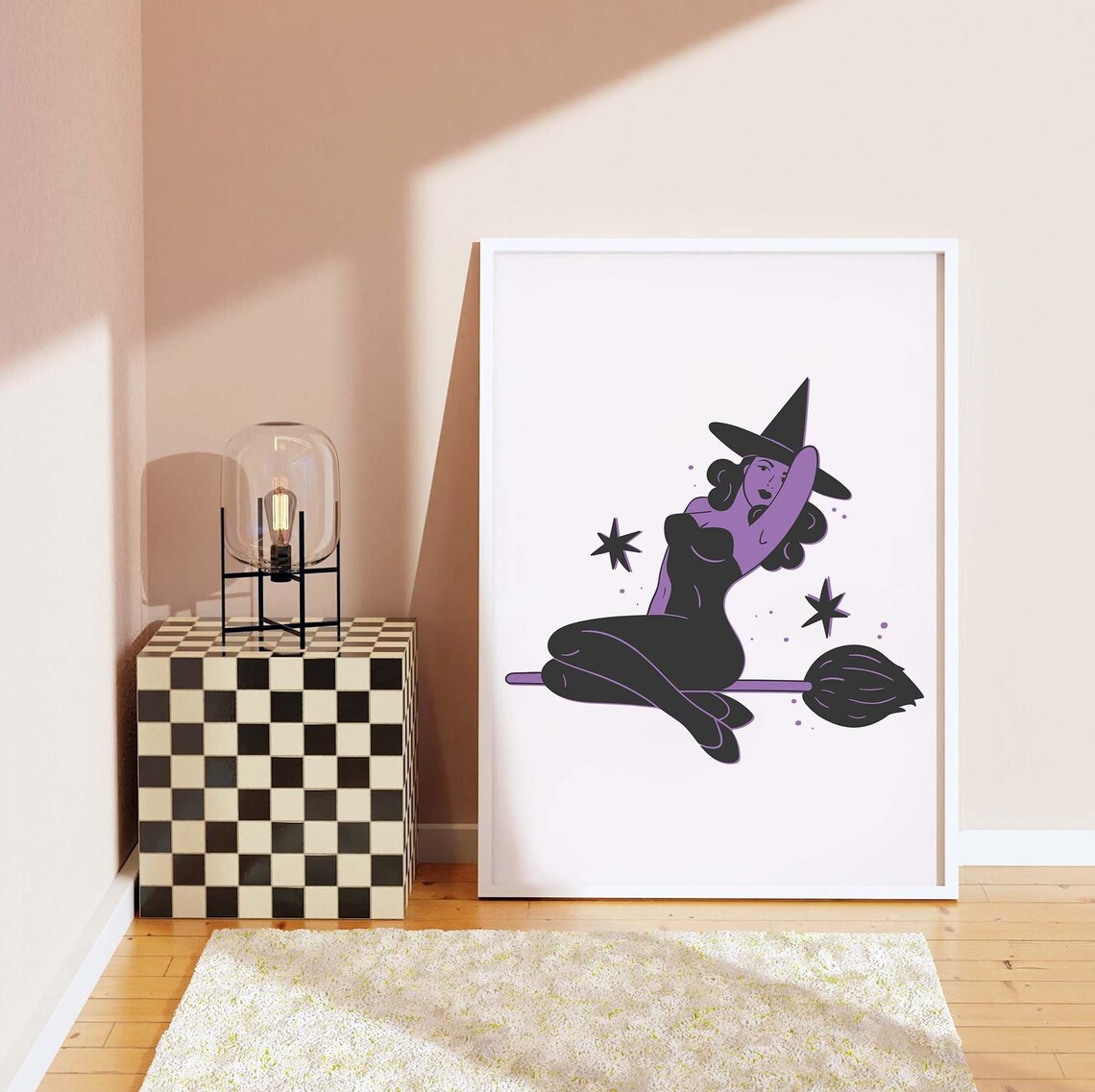 Pin Up Witch Riding Broom White Cute Retro Halloween Art Poster - Image 3