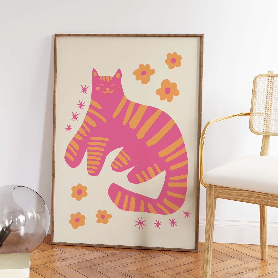 Pink Striped Cat With Orange Flowers Fun Whimsical Kitty Wall Print - Image 2
