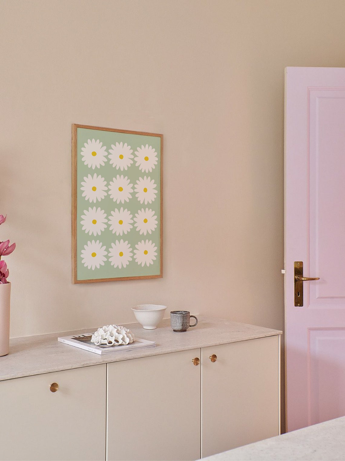 Sage Green Daisy Grid Poster with Twelve White Retro Flower Heads - Image 6