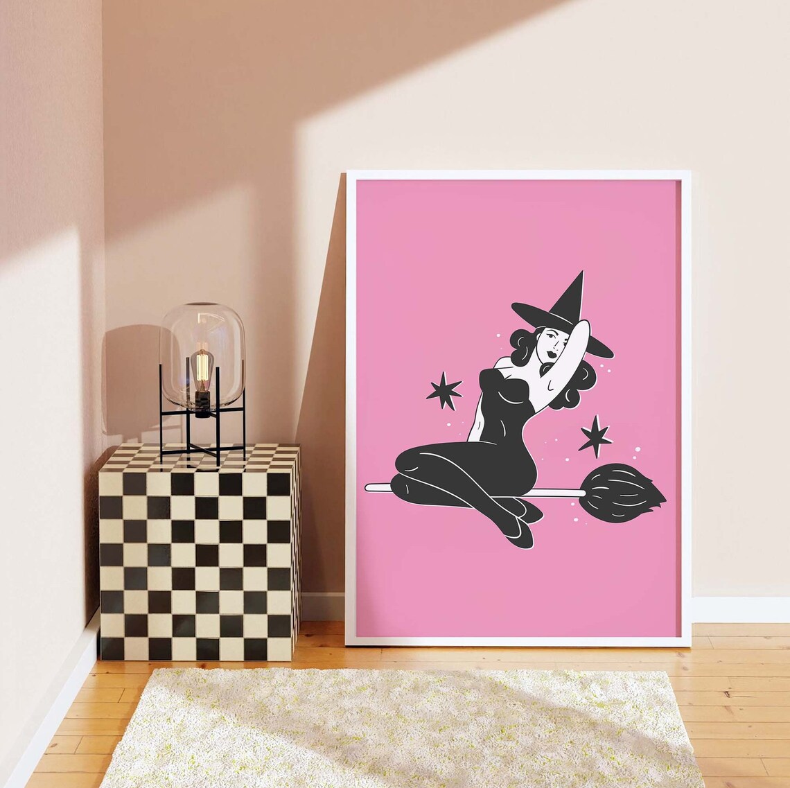Pin Up Witch Riding Broom Pink Cute Retro Halloween Art Poster - Image 3