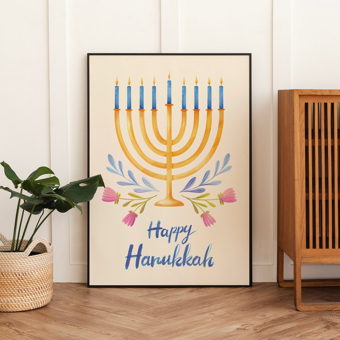 Happy Hanukkah Gold Menorah Blue Candles Floral Holiday Poster - Image 3