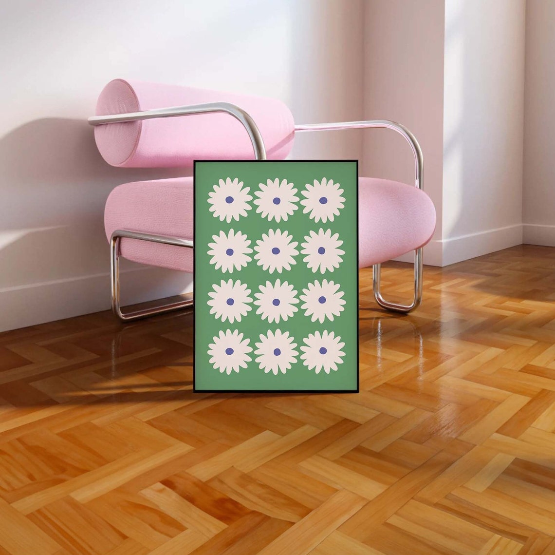 White Daisy Grid Fresh Green Background Retro Floral Art Poster - Image 3