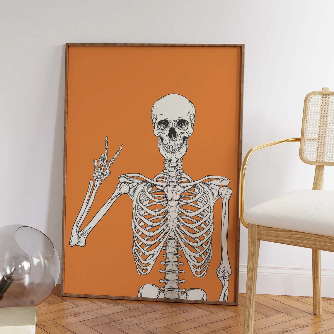 Skeleton Print Art Cute Orange Halloween Wall Decor Trendy Halloween Wall Art Spooky Season Poster - Image 6