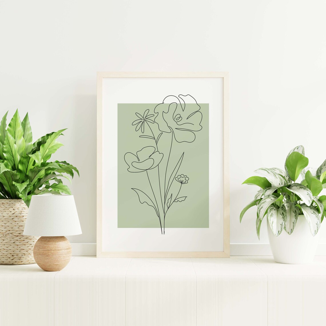 Sage Green Line Art Poppy Flowers Modern Botanical Wall Decor Poster - Image 5