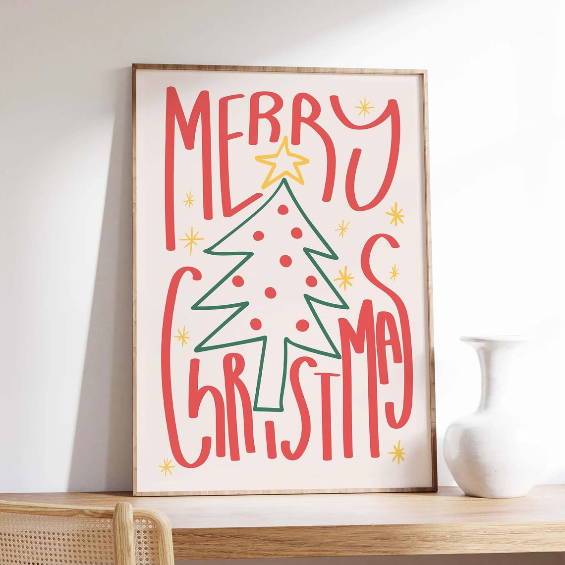 Merry Christmas Red Script Green Tree Holiday Lettering Wall Print - Image 4