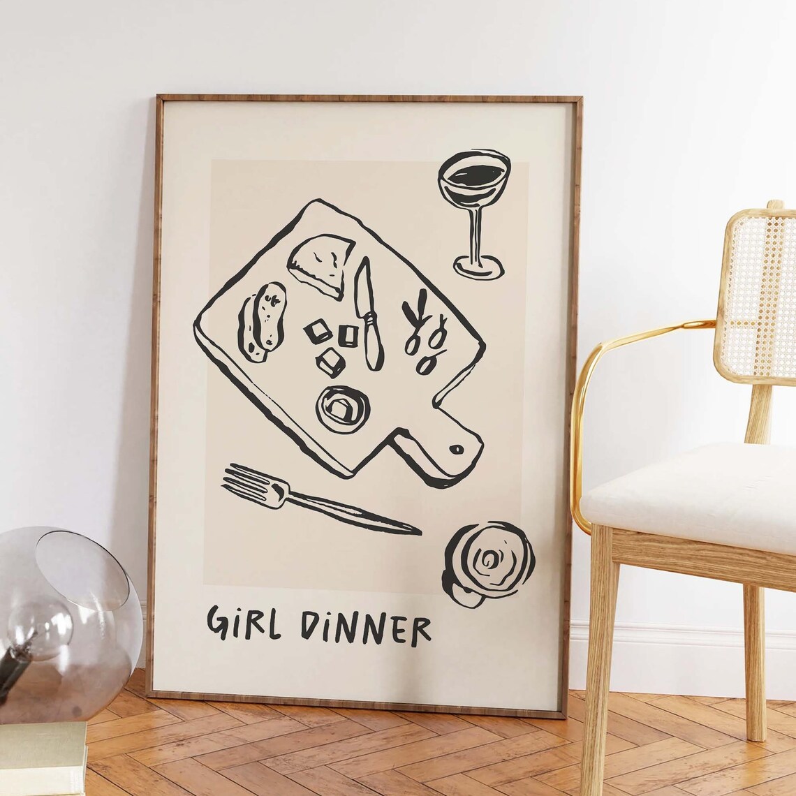 Girl Dinner Quote Charcuterie Board Illustration Black Kitchen Wall Decor Poster - Image 2