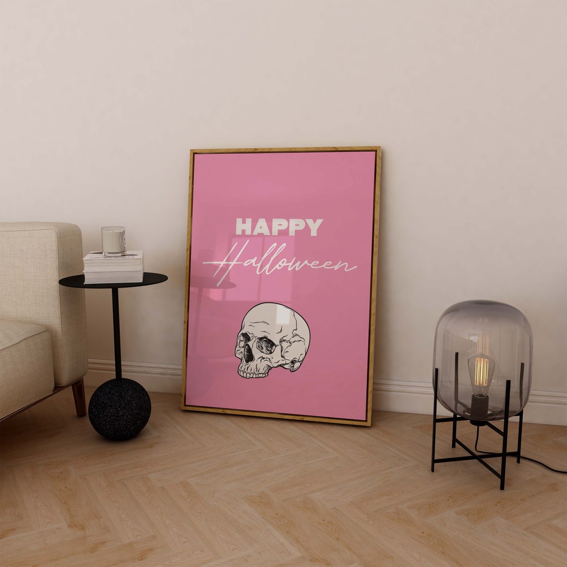Happy Halloween Skull Script Lettering Pink Gothic Style Wall Art - Image 5