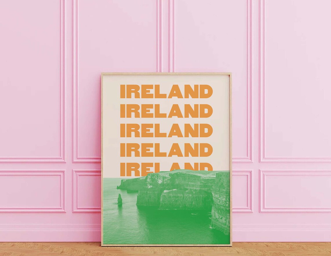 Ireland Cliffs Of Moher Green Orange Travel Typography Poster - Image 3