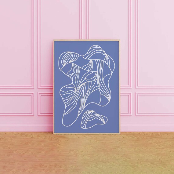 Blue White Abstract Organic Line Drawing Minimalist Poster For Home