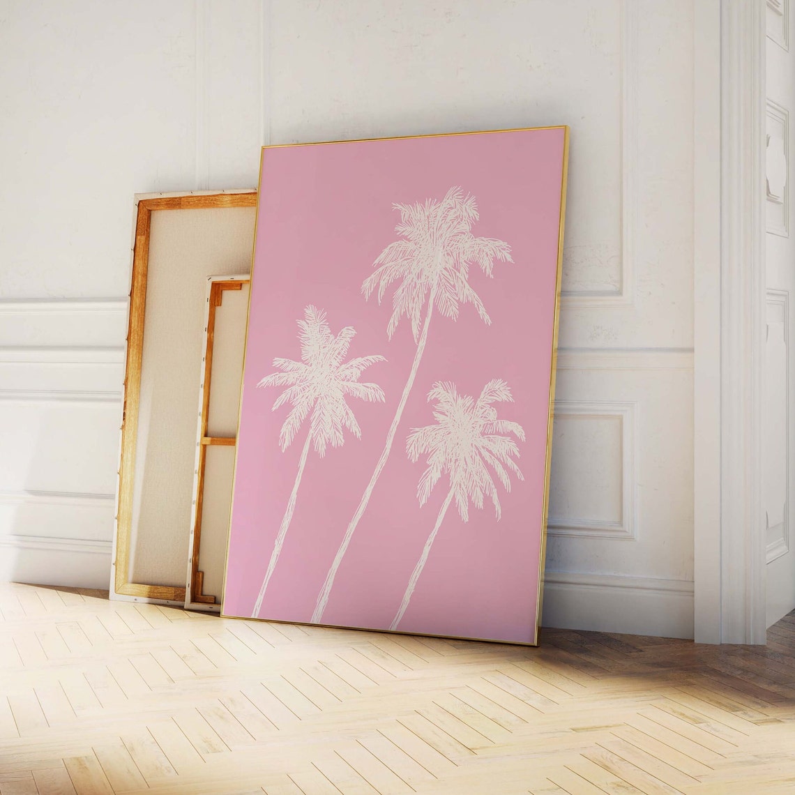 Pink Palm Trees White Line Sketch Tropical Summer Beach Poster - Image 2