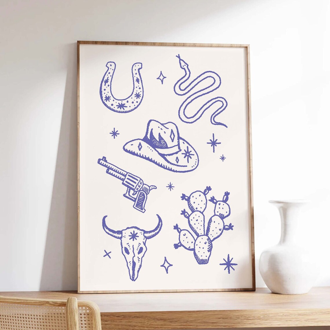 Blue Western Icons Horseshoe Cowboy Hat Bull Skull Doodle Wall Print - Image 4