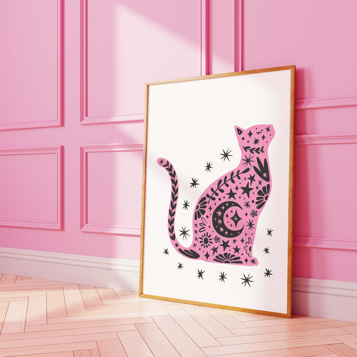 Pink Celestial Cat Stars Moon Halloween Spooky Cute Wall Poster - Image 4