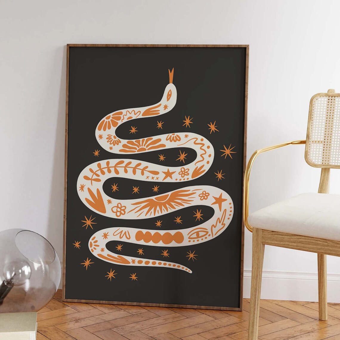 Boho Tattoo Snake Orange Halloween Illustration Black Art Poster - Image 5