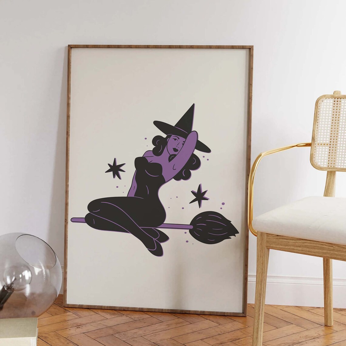 Pin Up Witch Riding Broom White Cute Retro Halloween Art Poster - Image 2