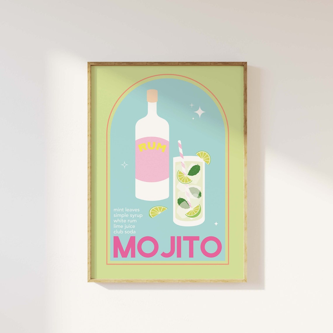Mojito Cocktail Recipe Poster with White Rum Bottle and Lime Art - Image 6