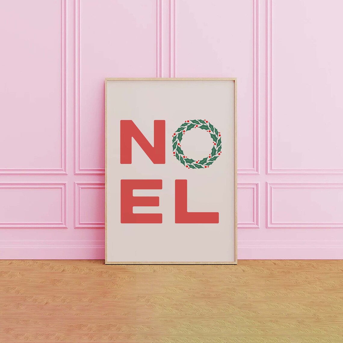 Noel Red Block Letter Holly Wreath O Classic Christmas Word Wall Print - Image 3