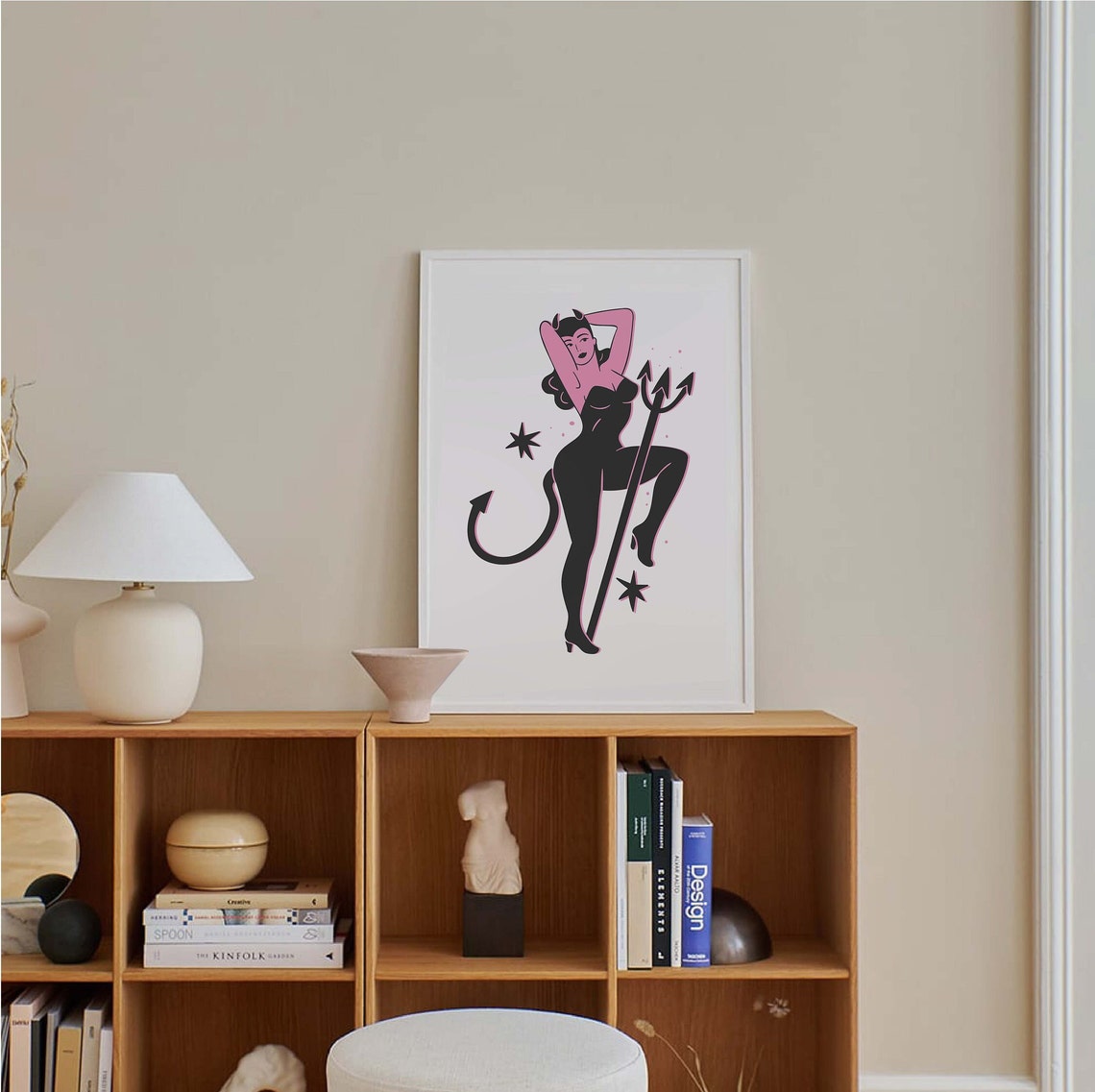 Pin Up Devil Girl Trident White Cute Retro Halloween Art Poster - Image 4