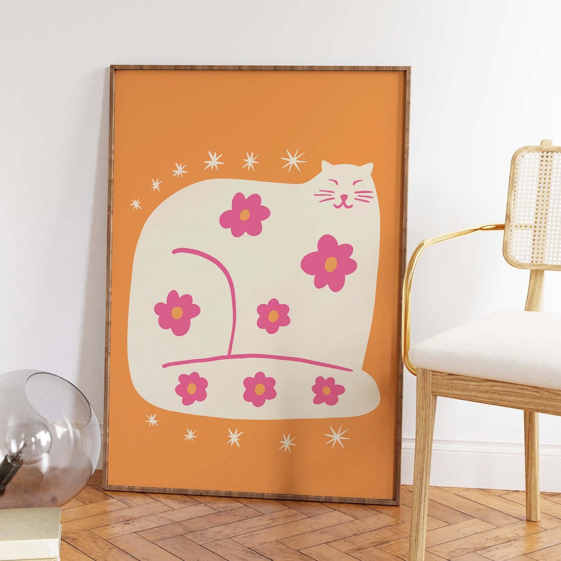 Orange Cat With Pink Flowers Retro Kitty Illustration Wall Print - Image 2