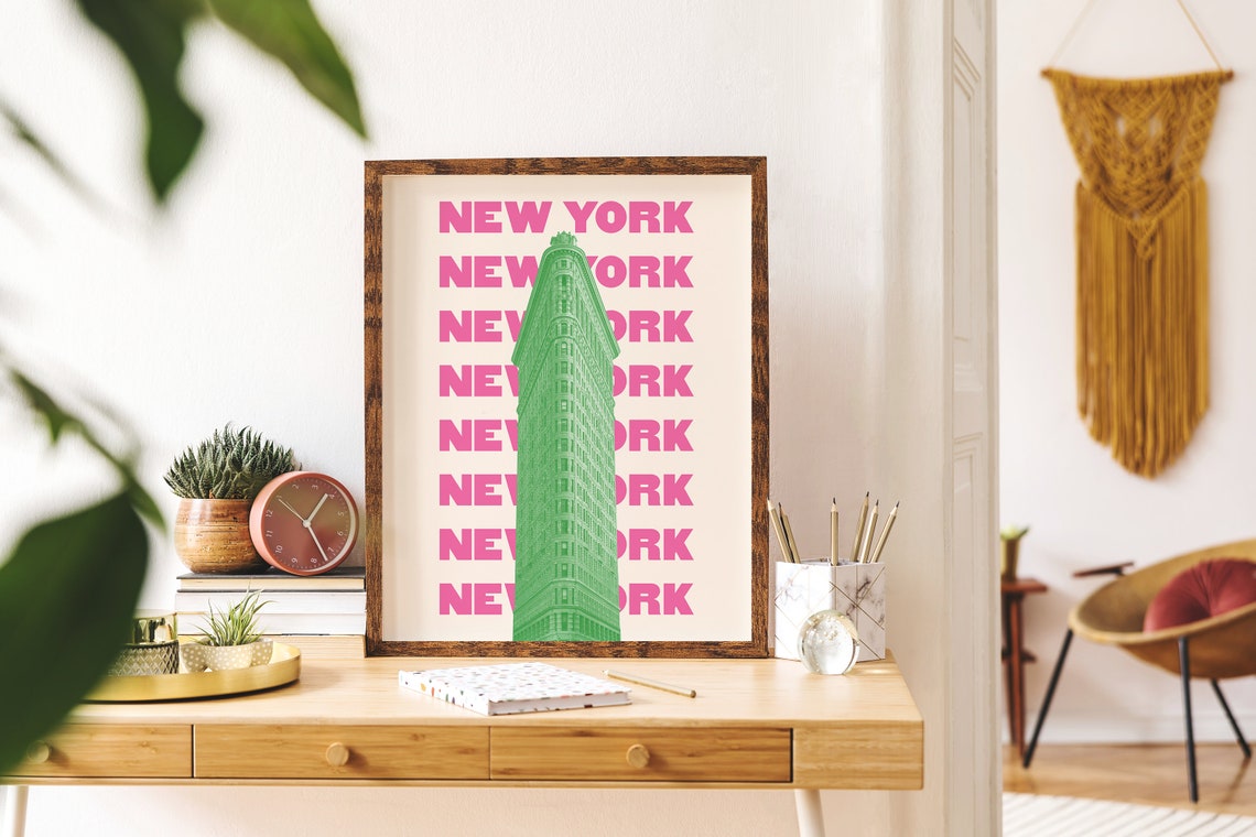 New York Flatiron Building Green Photo Pink Typography Travel Poster - Image 3