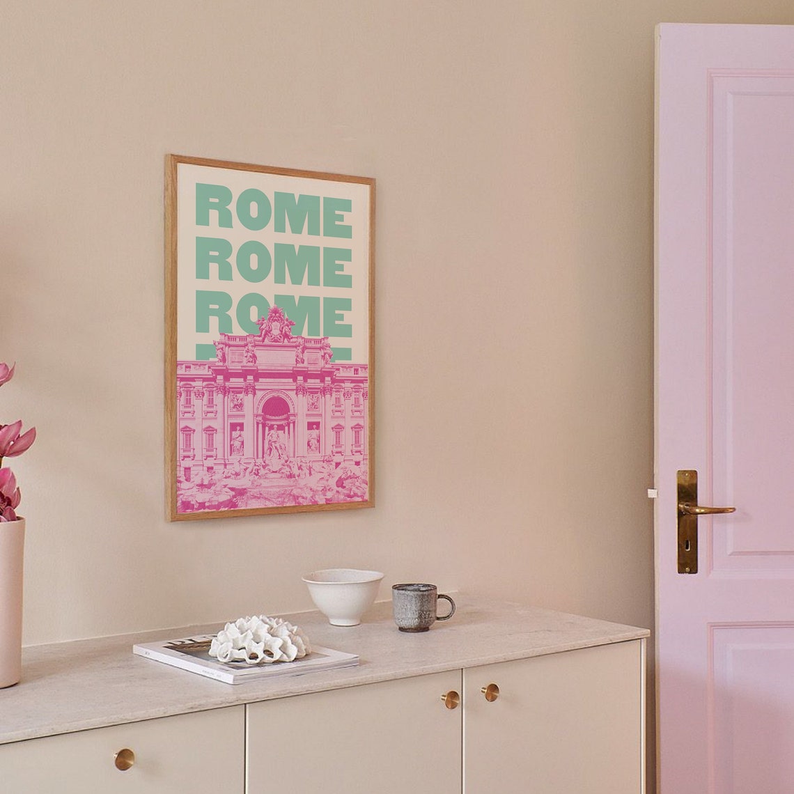 Rome Trevi Fountain Poster with Pink Fountain and Mint Typography - Image 6