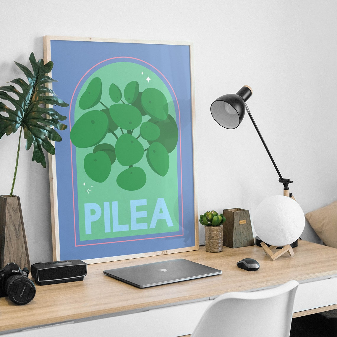 Pilea Houseplant Blue Arch Modern Botanical Illustration Poster - Image 4