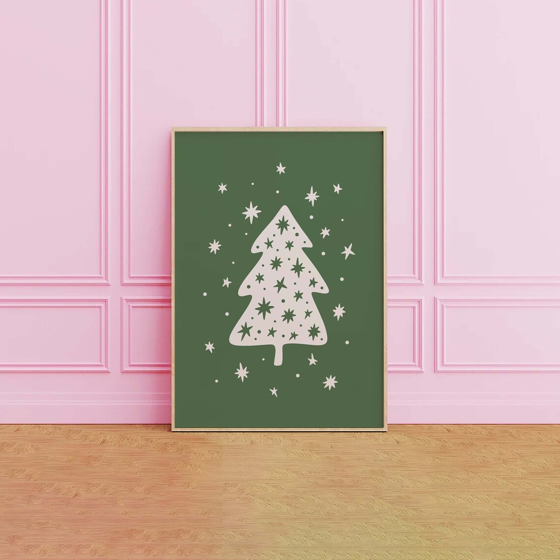 White Christmas Tree on Green Starry Retro Holiday Cute Poster - Image 2