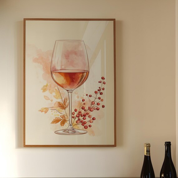Watercolor Wine Glass Autumn Berries Elegant Kitchen Art Poster