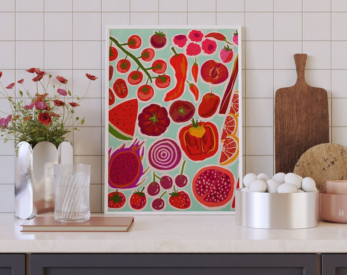 Red Fruits and Vegetables Colorful Kitchen Art Print