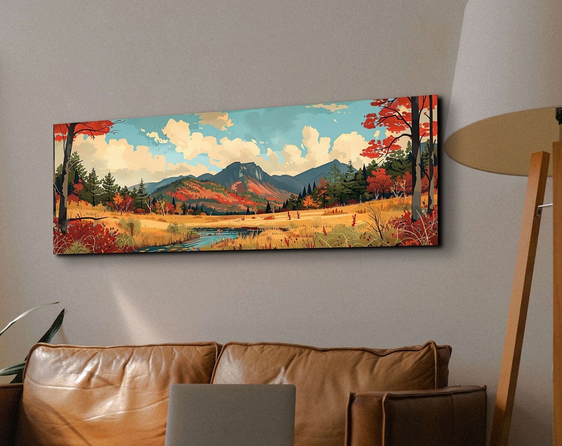 Autumn Mountain Valley River Vintage Style Panorama Wall Art