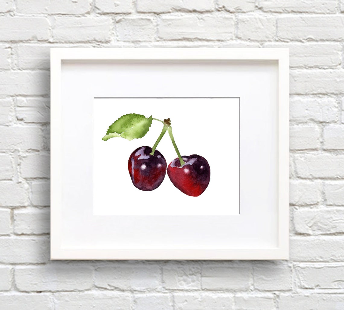 Two Glossy Dark Red Cherries On Stems Watercolor Kitchen Fruit Poster