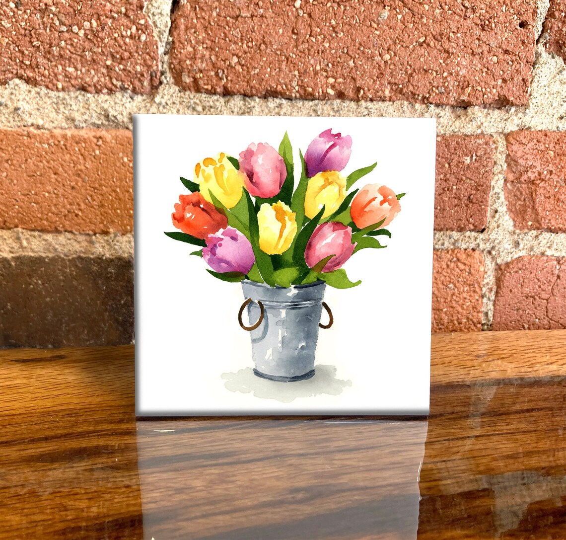 Tulips In Bucket, Botanical Ceramic Tile Art Print
