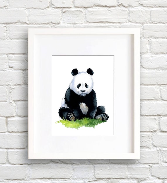 Sweet Baby Panda Sitting on Green Grass Nursery Watercolor Animal Art Poster