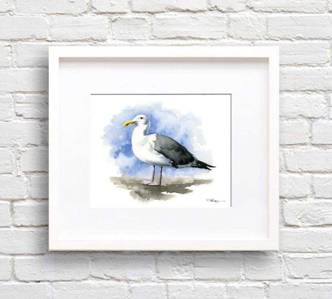 Relaxed Seagull Standing On Shore Watercolor Coastal Bird Poster