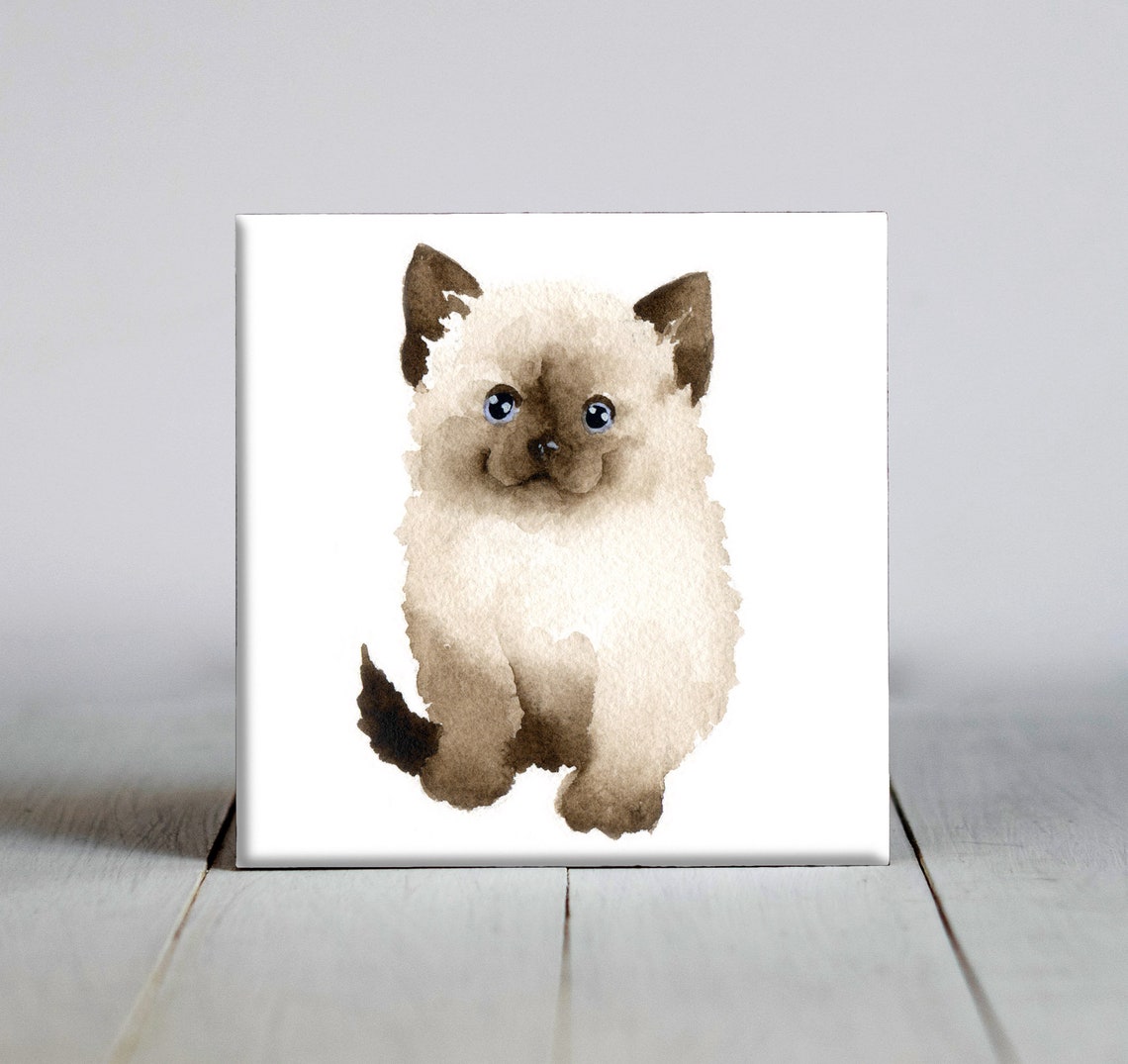 Watercolor Siamese Kitten Portrait on Square Ceramic Tile Print
