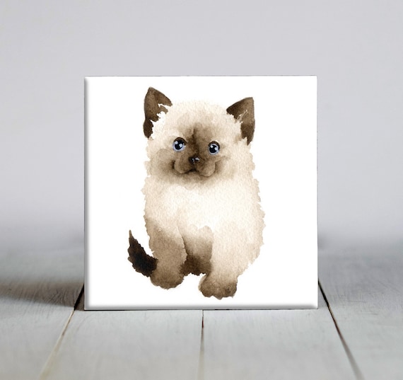 Watercolor Siamese Kitten Portrait on Square Ceramic Tile Print