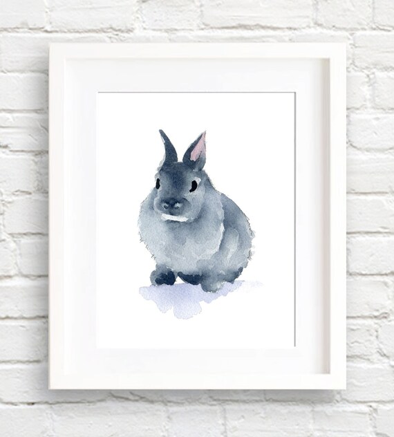 Fluffy Gray Bunny Rabbit Gazing Ahead Watercolor Nursery Poster