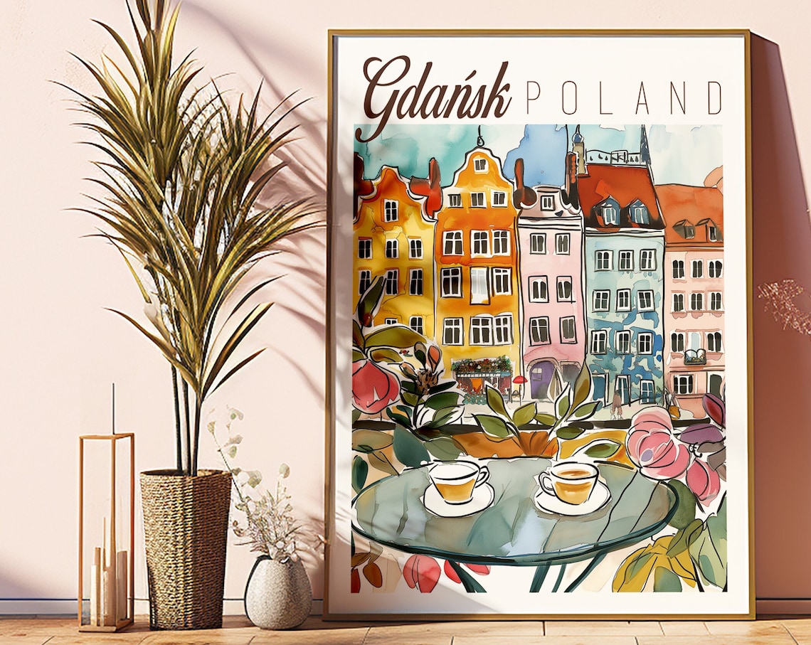 Gdansk Poland Colorful Townhouses Cafe Watercolor Travel Art Poster