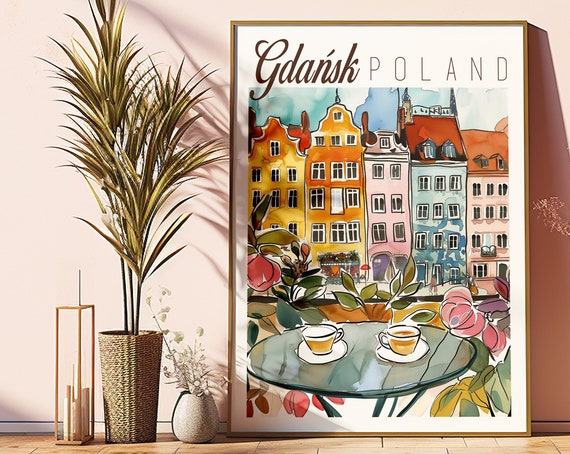Gdask Poland Art Gdansk Colorful Watercolor Poster Polish Wall Decor Birthday Gift Coffee Lover