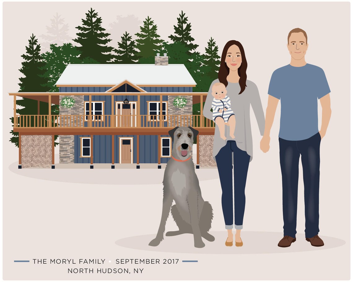 Custom Family Portrait In Front Of House With Golden Retriever Poster - Image 4